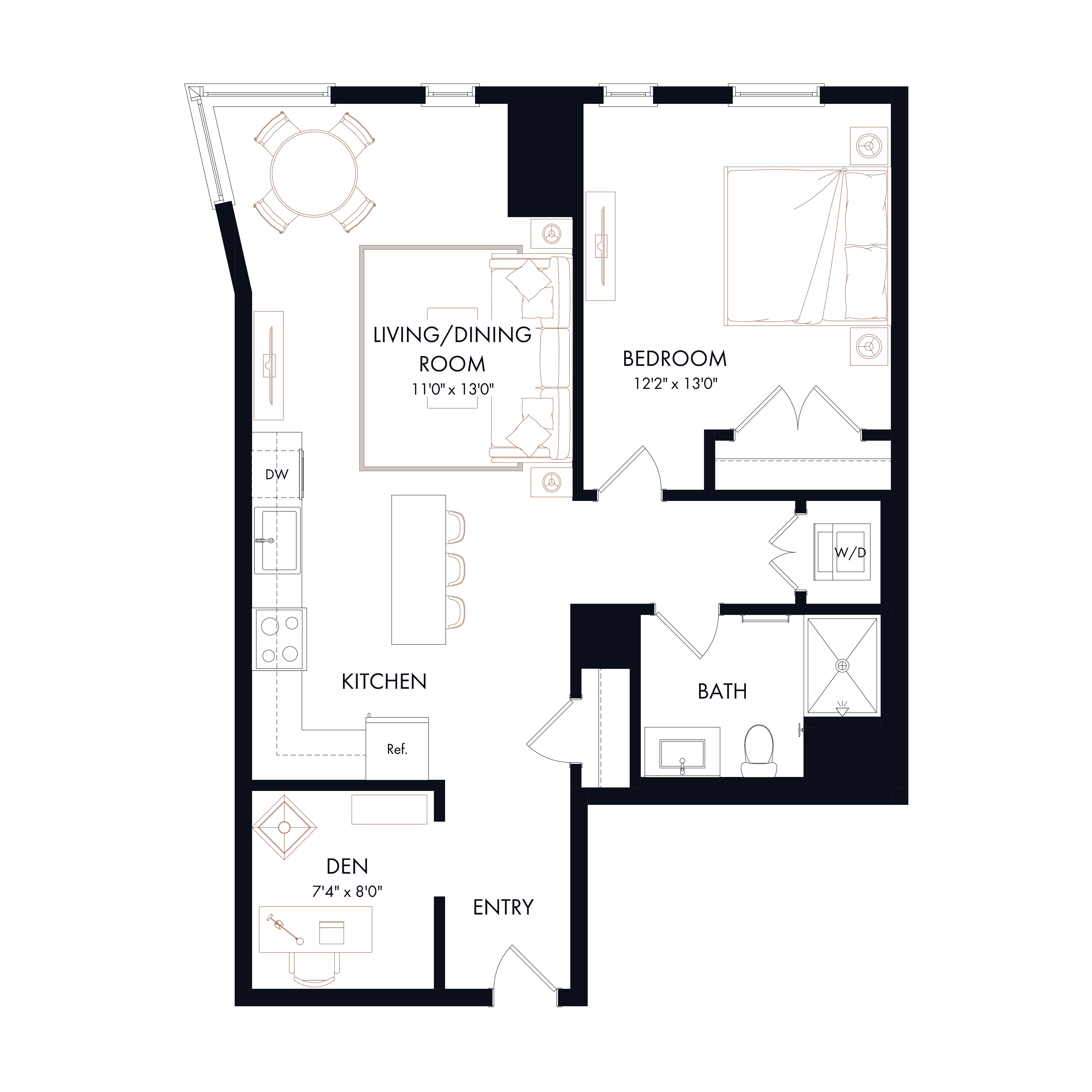 Floor plan layout diagram for AD2 | 1 Bed | 1 Bath | Den